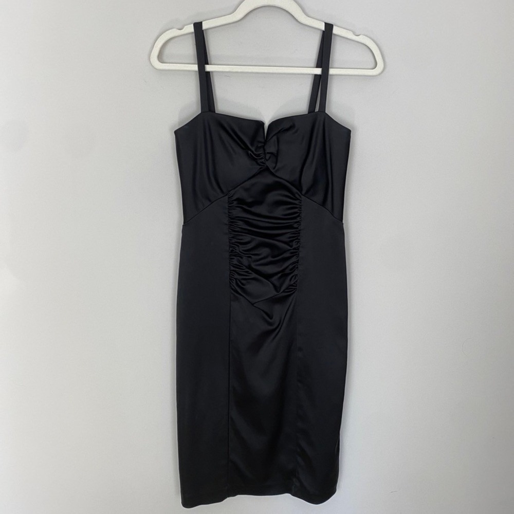 Vintage Betsy & Adam Black Ruched Sheath Midi Dress Formal Cocktail Party Satin